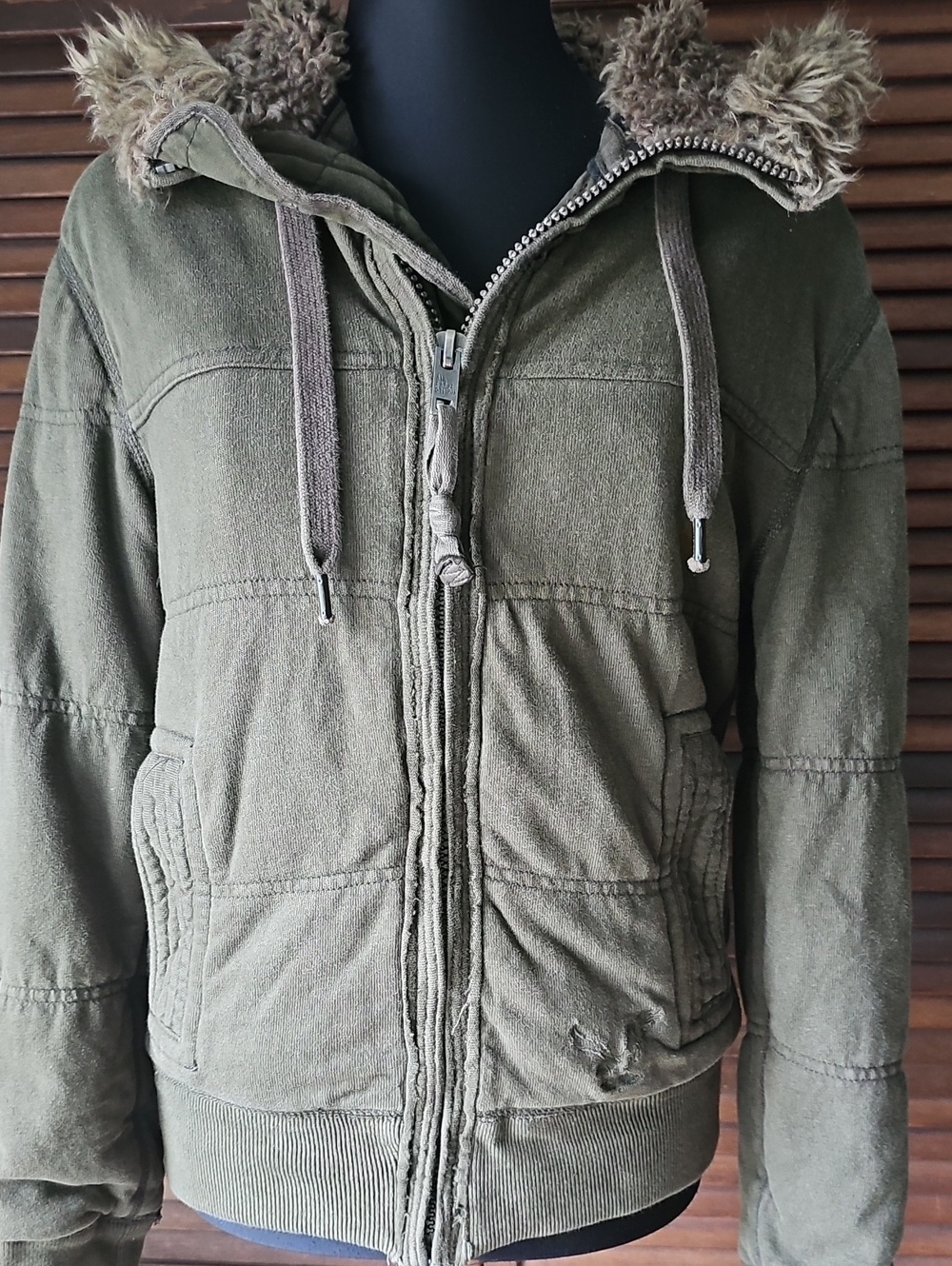 Y2K American Eagle Fur Hooded Full Zip Army Green Jacket X-Small